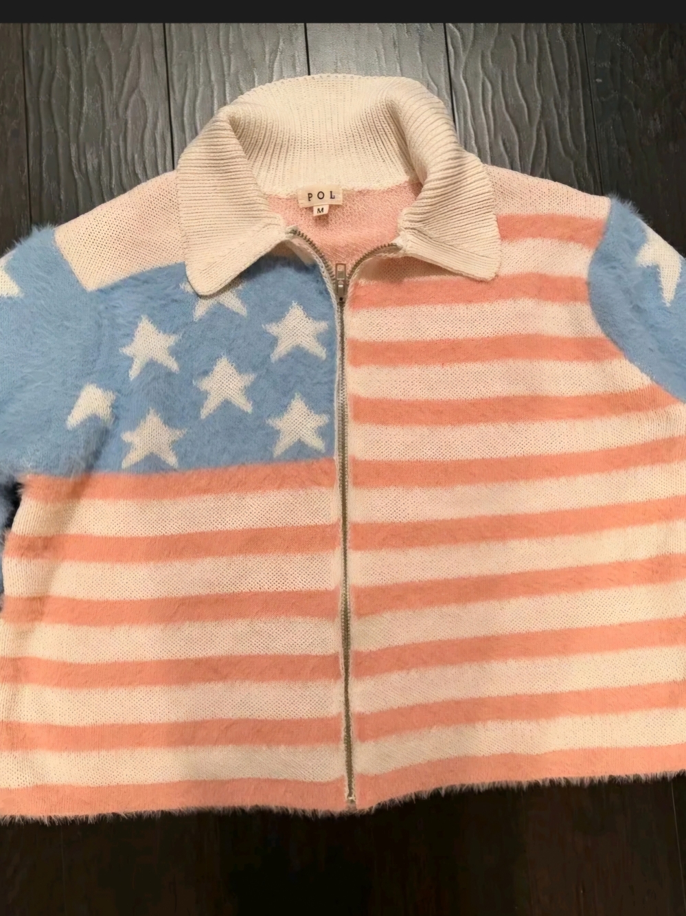POL Kids Cream Collar Pink & Light Blue Star-Stripe Zip Jacket